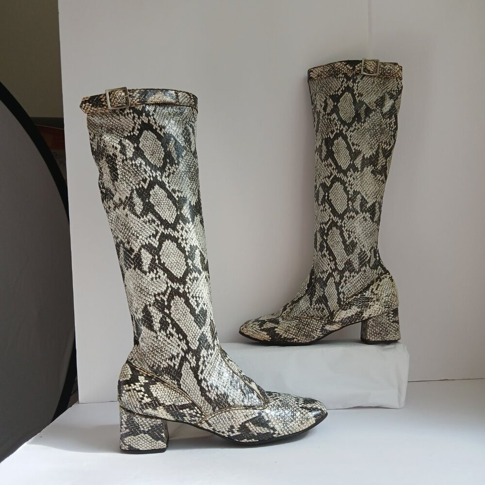 Vintage60's/70's  SnakePrint KneeHigh BlockHeel SquareToe Mod GoGoBoots Sz8 - Picture 6 of 14